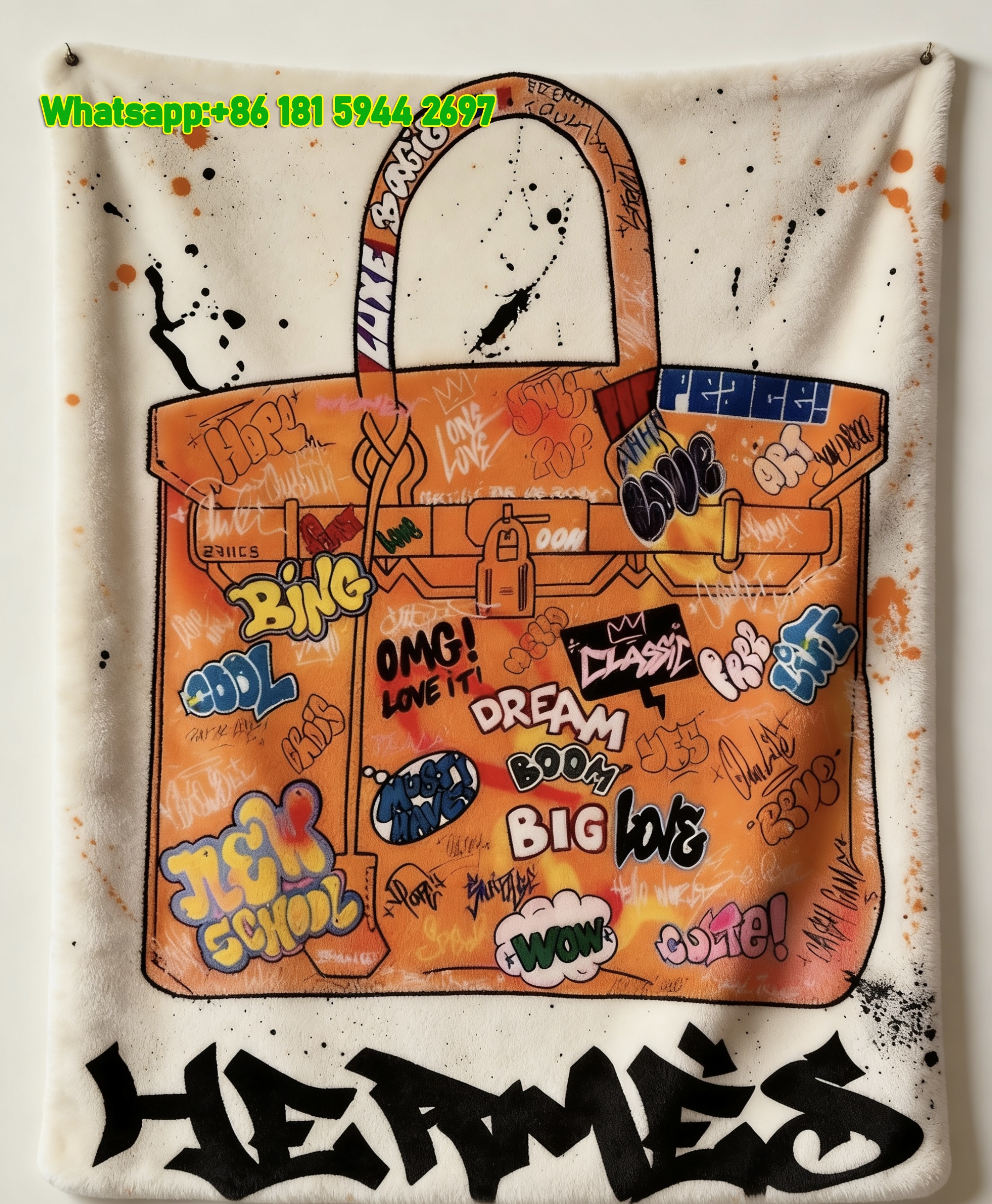 Hermes Orange Graffiti Designer Bag Flannel Throw Blanket IMG_5481